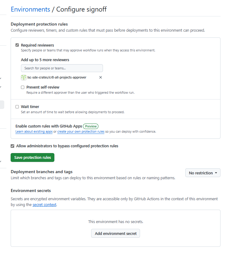 project repo settings environments protection rules